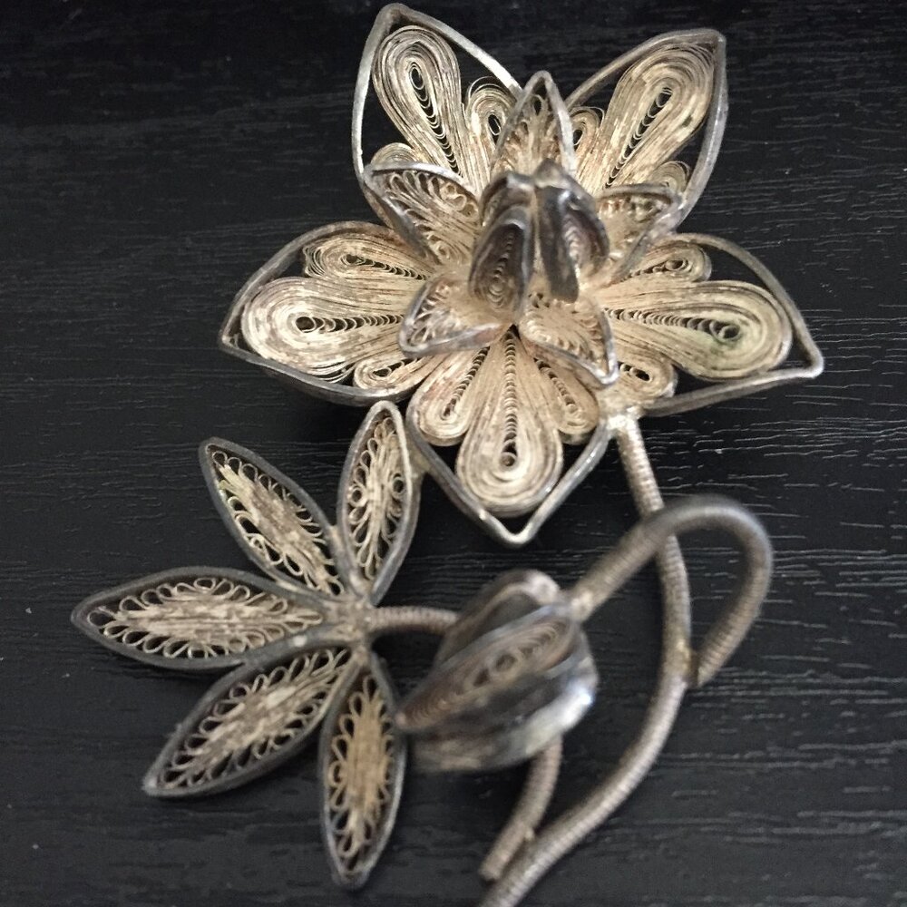 VINTAGE PERU 1890s SILVER 925 FLOWER BROOCH